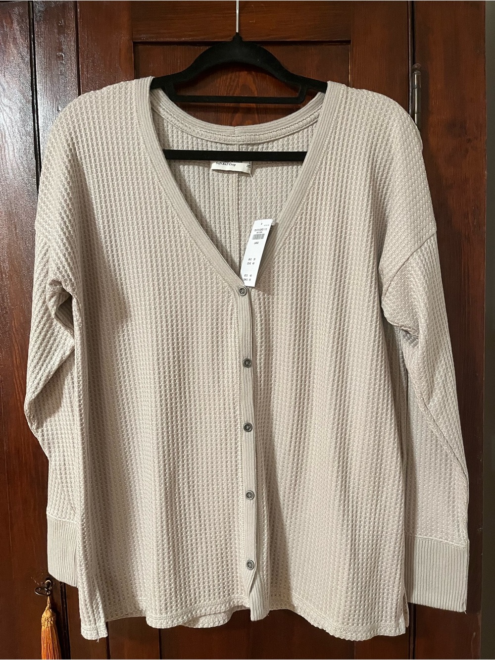 Waffle-Knit Button Front Sweater Cardigan - Beige